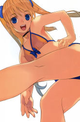 Rule 34 | 1girl, absurdres, bare shoulders, bikini, blonde hair, blue eyes, choker, flat chest, from below, hair ornament, hand on own hip, heart, highres, hip focus, long hair, looking down, mibu natsuki, open mouth, original, smile, solo, swimsuit, twintails