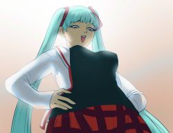 Rule 34 | 1girl, apu spills his tendies (meme), aqua hair, backlighting, bloom, breasts, female focus, from below, hair ornament, hands on own hips, hatsune miku, highres, jacket, long hair, looking down, medium breasts, meme, natural (module), open mouth, parody, plaid, plaid skirt, red eyes, red skirt, skirt, skullchimes, smug, solo, symbol-only commentary, twintails, very long hair, vocaloid, white jacket