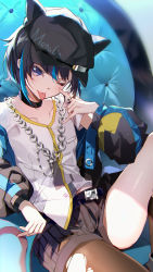 Rule 34 | 1girl, ;p, akanbe, animal ears, animal hat, asymmetrical legwear, bison cangshu, black hair, black hat, black jacket, black shorts, blue eyes, blue hair, cabbie hat, chain, closed mouth, collarbone, commentary, eyelid pull, fake animal ears, hat, head tilt, highres, jacket, knee up, long sleeves, multicolored hair, nijisanji, off shoulder, one eye closed, open clothes, open jacket, original, puffy long sleeves, puffy sleeves, shirt, short shorts, shorts, single leg pantyhose, single sock, smile, socks, solo, streaked hair, symbol-only commentary, tongue, tongue out, torn clothes, torn socks, virtual youtuber, virtuareal, white shirt