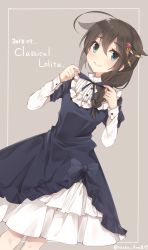 Rule 34 | 1girl, adjusting neckwear, ahoge, alternate costume, artist name, beige background, blue dress, blue eyes, blue ribbon, blush, braid, brown hair, buttons, commentary request, dated, dress, frilled dress, frills, hair between eyes, hair flaps, hair ornament, hair over shoulder, hair ribbon, highres, kantai collection, lolita fashion, long hair, long sleeves, looking at viewer, neck ribbon, neko ame, ribbon, shigure (kancolle), shigure kai ni (kancolle), sidelocks, signature, simple background, single braid, smile, solo, twitter username