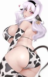 Rule 34 | 1girl, absurdres, animal ears, animal print, artist request, ass, breasts, cow ears, cow horns, cow print, cow tail, curvy, elbow gloves, fake animal ears, fake horns, fake tail, from behind, gloves, highres, horns, huge breasts, idolmaster, idolmaster (classic), long hair, looking at viewer, looking back, parted lips, purple eyes, shijou takane, sideboob, silver hair, solo, tail, thick thighs, thighhighs, thighs, white background