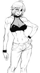 Rule 34 | 1girl, breasts, eyepatch, female focus, hand on own hip, hip focus, monochrome, muscular, nobusi, original, short hair, simple background, solo