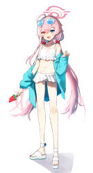 Rule 34 | 1girl, absurdres, bare shoulders, barefoot sandals (jewelry), bikini, blue archive, blue eyes, blue jacket, frilled bikini, frills, halo, heterochromia, highres, hoshino (blue archive), hoshino (swimsuit) (blue archive), jacket, legs, long hair, long legs, navel, official alternate costume, official alternate hairstyle, orange eyes, pink hair, sandals, saple, simple background, solo, swimsuit, thighs, toenails, toes, twintails, white background, white bikini, white footwear