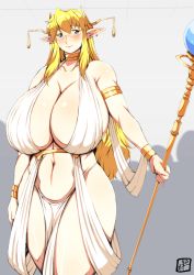 Rule 34 | 1girl, blonde hair, blue eyes, blush, breasts, cleavage, curvy, donson, elf, gigantic breasts, highres, hip vent, long hair, pointy ears, smile, solo, standing, thick thighs, thighs, very long hair