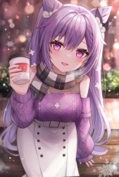 Rule 34 | 1girl, absurdres, blush, casual, cone hair bun, cup, detached sleeves, genshin impact, hair bun, highres, holding, holding cup, keqing (genshin impact), keqing (lantern rite) (genshin impact), komari mhy, long hair, long sleeves, looking at viewer, open mouth, pink eyes, plaid, plaid scarf, purple hair, purple sweater, scarf, sitting, skirt, smile, solo, sweater, twintails, white skirt