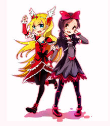 Rule 34 | 2girls, animal print, arm warmers, artist request, bat print, black legwear, boots, bow, choker, cosplay, costume switch, crossover, cure passion, cure passion (cosplay), detached sleeves, dokidoki! precure, dress, fresh precure!, hair ornament, hair ribbon, happy, heart, higashi setsuna, high heels, highres, jacket, long hair, looking at viewer, magical girl, multiple girls, open mouth, pantyhose, patterned legwear, precure, red dress, red footwear, regina (dokidoki! precure), regina (dokidoki! precure) (cosplay), ribbon, shoes, simple background, smile, source request, trait connection, waist bow, white background