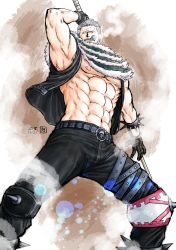 Rule 34 | 1boy, abs, alternate costume, alternate facial hair, bara, bare pectorals, beard, black pants, bulge, charlotte katakuri, charlotte katakuri (cosplay), cigar, cosplay, denim, facial hair, feet out of frame, from below, gloves, holding, holding weapon, jeans, knee spikes, kokorozashi, male focus, mature male, muscular, muscular male, navel, nipples, one piece, open clothes, over shoulder, pants, pectorals, short hair, sideburns, sleeveless, smoker (one piece), smoking, solo, stomach, stubble, thighs, vest, weapon, weapon over shoulder, weapon request, white hair