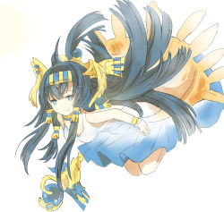 Rule 34 | 1girl, bare shoulders, black hair, blue eyes, breasts, catzz, cleavage, dress, egyptian, full body, hair ornament, hair tubes, hairband, highres, holding, isis (p&amp;d), jewelry, knees together feet apart, long hair, lots of jewelry, puzzle &amp; dragons, simple background, small breasts, smile, solo, staff, very long hair, white background, white dress, winged hair ornament