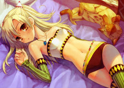 Rule 34 | 1girl, bandeau, bare shoulders, blonde hair, capcom, cat, character request, detached sleeves, felyne, flat chest, highres, konoe ototsugu, midriff, monster hunter (series), navel, solo, strapless, thighhighs, tube top, yellow eyes