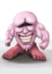 Rule 34 | feet, gingasansan, glowing, gradient background, kirby, kirby (series), muscular, nintendo, no humans, no pupils, smile, solo, standing, teeth, what, white background