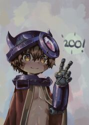 Rule 34 | 1boy, absurdres, android, brown eyes, brown hair, cape, collar, collarbone, commentary, damaged, english commentary, facial mark, facial tattoo, fake horns, hair between eyes, helmet, highres, horned helmet, horns, jeck mate, looking at viewer, made in abyss, male focus, mechanical arms, mechanical hands, metal collar, milestone celebration, pointy ears, red cape, regu (made in abyss), robot, simple background, single mechanical hand, slit pupils, smile, solo, standing, tattoo, topless male, upper body, v, white background