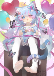 Rule 34 | 1girl, absurdres, animal ears, balloon, blue dress, blue eyes, blue hair, box, bug, butterfly, cardboard box, cat ears, cat tail, dress, fang, feet, full body, heart, heart hands, heterochromia, highres, insect, kele mimi, long hair, multicolored hair, no shoes, open mouth, original, pink eyes, pink hair, pink ribbon, ribbon, sitting, soles, solo, tail, thighhighs, white thighhighs