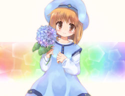 Rule 34 | 1girl, bad id, bad pixiv id, blue dress, blue flower, blue headwear, blush, brown eyes, brown hair, closed mouth, commentary, cowboy shot, dress, flower, fortune summoners, highres, hizukiryou, hydrangea, leaf, looking at viewer, sana poanet, shirt, short hair, smile, solo, white shirt