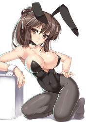 Rule 34 | 1girl, abs, animal ears, arm support, bare shoulders, breasts, brown eyes, brown hair, choker, cleavage, covered erect nipples, covered navel, fake animal ears, frown, gender request, genderswap, hand on own hip, hip focus, kneeling, kyonko, large breasts, leotard, nagase haruhito, pantyhose, playboy bunny, ponytail, rabbit ears, solo, suzumiya haruhi no yuuutsu, wrist cuffs