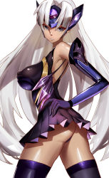 Rule 34 | 1girl, ass, bare shoulders, covered erect nipples, dark-skinned female, dark skin, elbow gloves, gloves, hands on own hips, highres, jitome, lips, lipstick, long hair, looking at viewer, looking back, makeup, nintendo, pleated skirt, purple eyes, silver hair, skin tight, skirt, solo, t-elos, thighhighs, twisted torso, vic (vedream), white lips, xenoblade chronicles (series), xenoblade chronicles 2, xenosaga