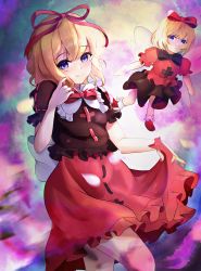 Rule 34 | 1girl, absurdres, blonde hair, blouse, blue eyes, blush, bow, bowtie, brown skirt, doll, frilled shirt, frilled shirt collar, frilled skirt, frills, hair ribbon, highres, medicine melancholy, orchid (orukido), puffy short sleeves, puffy sleeves, red bow, red bowtie, red ribbon, red shirt, ribbon, shirt, short hair, short sleeves, skirt, smile, touhou, wavy hair