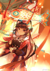 Rule 34 | 1girl, black hair, black headwear, cape, chinese new year, closed mouth, festival, genshin impact, highres, holding lamp, lantern, light particles, long hair, pink cape, puffy sleeves, red eyes, smile, solo, streamers, tang qi zang, upper body, yun jin (genshin impact)