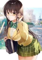 Rule 34 | 1girl, bag, blazer, blurry, blurry background, bow, breasts, brown hair, collared shirt, commentary request, day, depth of field, dress shirt, green bow, green skirt, gyozanuko, hair between eyes, hand up, highres, jacket, kotegawa yui, leaning forward, long hair, long sleeves, looking at viewer, mask, medium breasts, mouth mask, pleated skirt, school bag, school uniform, shirt, skirt, solo, to love-ru, very long hair, white shirt, yellow eyes, yellow jacket
