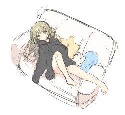 Rule 34 | 1girl, bad id, bad pixiv id, bare legs, barefoot, black hoodie, blush, closed mouth, couch, green eyes, hair ornament, hairclip, highres, hood, hood down, hoodie, light brown hair, long hair, long sleeves, looking at viewer, mafuyu (chibi21), on couch, original, pillow, sketch, sleeves past fingers, sleeves past wrists, solo, star (symbol), star-shaped pillow, stuffed animal, stuffed cat, stuffed toy, very long hair