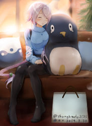 Rule 34 | 1girl, :o, backlighting, bad id, bad pixiv id, bag, black pantyhose, black skirt, blue sweater, blurry, bokeh, braid, braided ponytail, breasts, commentary request, couch, dated, depth of field, failure penguin, highres, indoors, kantai collection, large breasts, leaning on object, light purple hair, long hair, long sleeves, no shoes, pantyhose, pillow, ponytail, ribbed sweater, shanghmely, shopping bag, single braid, sitting, skirt, sleeping, solo, stuffed animal, stuffed penguin, stuffed toy, sunset, sweater, swept bangs, tree, turtleneck, turtleneck sweater, twitter username, umikaze (kancolle), very long hair, window