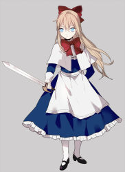 Rule 34 | 1girl, arm behind back, bad id, bad pixiv id, black footwear, blonde hair, blue dress, blue eyes, bow, capelet, dress, expressionless, full body, grey background, hair between eyes, hair bow, holding, holding sword, holding weapon, long hair, long sleeves, red medicine, shanghai doll, shoes, simple background, solo, sword, touhou, weapon, white legwear, wind