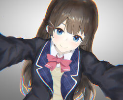 Rule 34 | 1girl, absurdres, akadashi1210, black jacket, blue eyes, bow, bowtie, brown hair, chromatic aberration, commentary request, hair ornament, hairpin, highres, jacket, nijisanji, pink bow, pink bowtie, plaid, reaching, reaching towards viewer, school uniform, smile, solo, tsukino mito, tsukino mito (1st costume), upper body, virtual youtuber