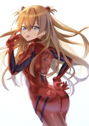 Rule 34 | 1girl, ass, blue eyes, bodysuit, brown hair, from behind, hair between eyes, hair ornament, hand on own hip, highres, kurere1202, long hair, looking at viewer, looking back, neon genesis evangelion, plugsuit, red bodysuit, shiny clothes, simple background, solo, souryuu asuka langley, tongue, tongue out, tsundere, white background, wide hips