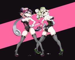 Rule 34 | 2girls, :d, ;), armpits, ass, breasts, callie (splatoon), cleavage, curvy, detached collar, earrings, fishnets, full body, gloves, hair ornament, hair ribbon, hand on ass, hand on own hip, heart, high heels, hip focus, huge ass, jewelry, large breasts, leotard, licking lips, long legs, looking at viewer, looking back, marie (splatoon), mole, mole under eye, monochrome background, multiple girls, nintendo, one eye closed, open mouth, pointy ears, ribbon, siblings, sideboob, sisters, smile, splatoon (series), standing, sweat, tentacle hair, thick thighs, thighhighs, thighs, tongue, tongue out, wet, white gloves, wide hips, wink, wrist cuffs, yuta agc