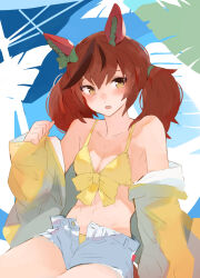 Rule 34 | 1girl, absurdres, alternate costume, animal ears, bana (stand flower), bare shoulders, bikini, bikini under clothes, blush, breasts, brown hair, cleavage, cowboy shot, cutoffs, ear covers, hand up, highres, horse ears, jacket, looking at viewer, medium hair, multicolored hair, navel, nice nature (umamusume), off shoulder, open mouth, short shorts, shorts, sitting, small breasts, solo, streaked hair, swimsuit, twintails, umamusume, yellow bikini, yellow eyes, yellow jacket