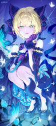 Rule 34 | 1girl, absurdres, black footwear, blonde hair, blue butterfly, blue flower, blue rose, blush, bug, butterfly, cat, detached collar, dress, flower, gloves, glowing butterfly, green eyes, hand on own cheek, hand on own face, haruri, high heels, highres, holding, holding umbrella, idolmaster, idolmaster cinderella girls, insect, looking at viewer, miyamoto frederica, purple dress, purple gloves, rose, short hair, smile, solo, squatting, umbrella