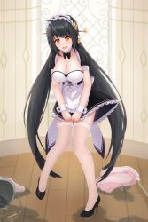 Rule 34 | 1girl, absurdres, alternate costume, alternate hairstyle, apron, ara haan, black bow, black dress, black hair, blush, bow, bowtie, breasts, bucket, cleavage, collarbone, commentary request, detached collar, dress, elsword, embarrassed, enmaided, flying sweatdrops, frills, garter straps, goldred, hair ornament, hairpin, high heels, highres, indoors, large breasts, long hair, maid, maid apron, maid headdress, mixed-language commentary, mop, open mouth, orange eyes, solo, thighhighs, twintails, very long hair, white apron, white footwear, white thighhighs, window, wooden floor, wrist cuffs