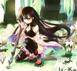 Rule 34 | 1girl, :d, black hair, black thighhighs, blush, breasts, brown eyes, character request, cleavage, detached sleeves, flower, forest, full body, hair between eyes, hair flower, hair ornament, holding, holding sword, holding weapon, kneeling, long hair, looking at viewer, lord of vermilion iii, medium breasts, nature, on one knee, open mouth, red socks, reverse grip, sandals, smile, socks, solo, sword, tabi, thighhighs, very long hair, weapon, wide sleeves, yue (lov n n)
