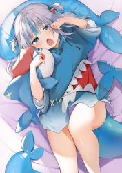 Rule 34 | 1girl, absurdres, bed sheet, bloop (gawr gura), blue eyes, blue hoodie, gawr gura, gawr gura (1st costume), highres, hololive, hololive english, hood, hoodie, legs, looking at viewer, lying, on back, on bed, open mouth, pillow, shark, shin no tenpii, short hair, solo, tail, virtual youtuber, white hair, yawning