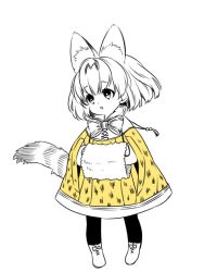 Rule 34 | 10s, 1girl, :o, adapted costume, aged down, alternate costume, alternate footwear, animal ears, black pantyhose, bow, bowtie, child, colored skin, cross-laced clothes, cross-laced footwear, dot nose, dress, eyelashes, flat color, full body, kemono friends, looking away, looking up, open mouth, pantyhose, serval (kemono friends), serval print, serval tail, shoelaces, short hair, simple background, solo, spot color, standing, striped tail, sumachii, tail, tareme, white background, white skin, wind
