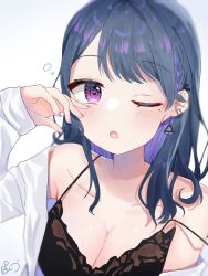 Rule 34 | 1girl, ;o, black camisole, blue hair, braid, breasts, camisole, cleavage, commentary request, diamond-shaped pupils, diamond (shape), earrings, french braid, highres, jacket, jewelry, koshimizu toru, koshimizu toru (2nd costume), long hair, long sleeves, looking at viewer, medium breasts, nijisanji, off shoulder, official alternate hairstyle, one eye closed, open mouth, poyopoyo 71, purple eyes, purple nails, rubbing eyes, simple background, sleeves past wrists, solo, strap slip, swept bangs, symbol-shaped pupils, tears, triangle earrings, virtual youtuber, white background, white jacket, wiping tears