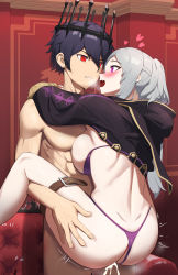 Rule 34 | 1boy, 1girl, abs, absurdres, arms around neck, ass, black coat, blue hair, bra, bra pull, braid, breast press, breasts, chrom (fire emblem), clothes pull, clothing aside, coat, corruption, crown, cum, cum in pussy, cumdrip, ejaculation, eyelashes, fire emblem, fire emblem awakening, fire emblem cipher, gold trim, grima (fire emblem), hair between eyes, hand on another&#039;s thigh, happy sex, heart, hetero, highres, hip bones, hip focus, hood, hood down, large breasts, leg lift, leg up, legs apart, mazenda (3378), medium hair, motion lines, muscular, muscular male, nintendo, open mouth, panties, panties aside, pectorals, penis, possessed, possession, purple bra, purple eyes, purple panties, red eyes, robin (female) (fire emblem), robin (fire emblem), sex, smile, standing, standing sex, strap, suspended congress, swept bangs, thigh strap, thong, throne, twintails, underwear, white hair