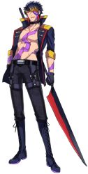 Rule 34 | 1boy, abs, belt, black belt, black choker, black gloves, blonde hair, blue footwear, blue hair, boots, choker, creatures (company), cross-laced footwear, fang, full body, game freak, gen 3 pokemon, gloves, holding, holding sword, holding weapon, jacket, katagiri hachigou, lace-up boots, legs apart, male focus, multicolored hair, nintendo, open clothes, open jacket, open mouth, personification, pokemon, seviper, simple background, smile, solo, standing, sword, two-tone hair, weapon, white background