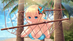 Rule 34 | 1girl, ass, beach, bikini, blonde hair, blue bikini, blue eyes, blue nails, blue sky, blush, boku wa tomodachi ga sukunai, breasts, butterfly hair ornament, cait aron, cleavage, cloud, day, flower, food, hair flower, hair ornament, halterneck, hammock, hanging breasts, highres, holding, holding food, kashiwazaki sena, large breasts, long hair, looking at viewer, lying, nail polish, ocean, on stomach, palm tree, popsicle, rainbow, sky, solo, straight hair, sunlight, swimsuit, tongue, tongue out, tree