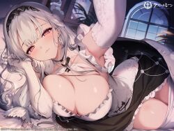 Rule 34 | 1girl, absurdres, azur lane, blush, breasts, breasts squeezed together, cleavage, closed mouth, commentary request, copyright name, copyright notice, gloves, hair between eyes, hair ornament, highres, kat (bu-kunn), large breasts, logo, long hair, looking at viewer, lying, maid, maid headdress, official art, on bed, on side, pantyhose, reaching, reaching towards viewer, red eyes, scylla (azur lane), skirt, smile, star (symbol), symbol-shaped pupils, thighs, white gloves, white hair