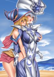 Rule 34 | 2girls, bare shoulders, beach, blonde hair, blue eyes, blush, grabbing another&#039;s breast, breasts, dark magician girl, covered erect nipples, grabbing, green eyes, highres, large breasts, long hair, multiple girls, open mouth, silent magician, standing, yu-gi-oh!, yuri