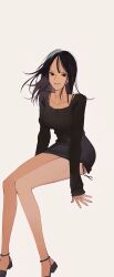 Rule 34 | 1girl, black dress, black footwear, black hair, closed mouth, dress, floating hair, highres, invisible chair, long sleeves, looking at viewer, medium hair, nico robin, numata (oioioioiai), one piece, short dress, simple background, sitting, smile, solo