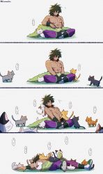 Rule 34 | 1boy, 4koma, abs, animal, biting, biting clothes, black cat, black eyes, black hair, boots, broly (dragon ball super), cat, comic, dark skin, dark-skinned male, dragon ball, dragon ball super, dragon ball super broly, expressionless, falling, full body, grey cat, highres, kuroxmitsu kinako, crossed legs, looking down, looking to the side, lying, male focus, muscular, nipples, on back, orange cat, outstretched arms, peeking out, scar, scar on chest, shadow, topless male, simple background, sitting, speech bubble, spread legs, ^^^, surprised, too many, too many cats, twitter username, walking, white background, white cat, wristband