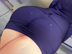 Rule 34 | 1girl, ass, ass focus, beelzebub (company), blue skirt, conveni shoujo z, female focus, formal, from behind, from below, game cg, head out of frame, indoors, isshiki yuki, legs, legs together, lower body, office lady, original, panties, pantylines, see-through, skirt, solo, standing, suit, sweat, thighs, underwear