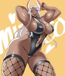 Rule 34 | 1girl, armpits, arms up, blush, boku no hero academia, breasts, character name, cleavage, curvy, dark-skinned female, dark skin, female focus, fishnet thighhighs, fishnets, heart, highres, large breasts, long hair, looking at viewer, mirko, muscular, muscular arms, muscular female, navel, open mouth, rabbit ears, rabbit girl, red eyes, shibusun, shiibara tetsu, simple background, smile, solo, standing, thick thighs, thighhighs, thighs, white hair, wide hips, yellow eyes
