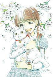Rule 34 | 1girl, 2012, absurdres, animal, bell, blue dress, blunt bangs, brown eyes, brown hair, cat, collared dress, dated, dot nose, dress, eyelashes, facing viewer, flower, half-closed eyes, happy, highres, holding, holding animal, kawamoto hinata, laughing, layered sleeves, leaf, long sleeves, looking down, open mouth, pale color, petals, polka dot, polka dot dress, pom pom (clothes), puffy short sleeves, puffy sleeves, sangatsu no lion, short over long sleeves, short sleeves, signature, simple background, solo, teeth, twintails, umino chika, upper body, upper teeth only, white background, white flower