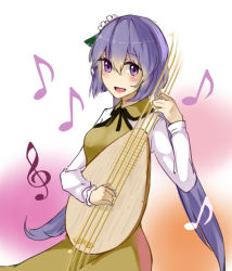 Rule 34 | 1girl, ariadoszz, bad hands, biwa lute, hair ornament, instrument, long hair, lute (instrument), musical note, open mouth, playing instrument, purple eyes, purple hair, solo, touhou, tsukumo benben, twintails