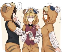 Rule 34 | +++, ..., 3girls, animal costume, animal hood, bandages, bartender, bear costume, bear hood, beige background, black jacket, black neckwear, blonde hair, blunt bangs, boko (girls und panzer), bow, bowtie, brown hair, brown vest, closed mouth, cocktail shaker, commentary, constricted pupils, cutlass (girls und panzer), eyepatch, frown, girls und panzer, gloom (expression), hand on own chin, handkerchief, holding, hood, jacket, kuromorimine military uniform, long sleeves, looking at another, maid headdress, motion lines, multiple girls, nishizumi maho, nishizumi miho, open mouth, outside border, parted bangs, short hair, smile, spoken ellipsis, sweatdrop, vest, yellow eyes, yuuyu (777)