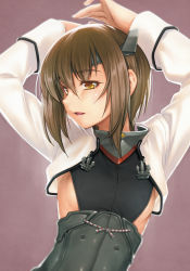 Rule 34 | 10s, 1girl, arms up, blush, breasts, brown eyes, brown hair, cropped jacket, flat chest, headband, headgear, kantai collection, kazuma muramasa, open mouth, personification, short hair, sideboob, smile, solo, taihou (kancolle)
