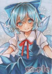 Rule 34 | 1girl, blue bow, blue dress, blue eyes, blue hair, bow, cirno, detached wings, dress, fairy, fairy wings, frozen, hair bow, ice, ice wings, marker (medium), monji (monzi328), pinafore dress, sleeveless, sleeveless dress, smile, solo, touhou, traditional media, wings