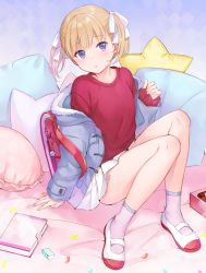 Rule 34 | 1girl, backpack, bag, blonde hair, blue jacket, blush, bow, cushion, e (ejkfogksiu sjsial), eraser, female focus, fur-trimmed jacket, fur trim, hair bow, highres, jacket, looking at viewer, notebook, off shoulder, open clothes, open jacket, original, pleated skirt, purple eyes, randoseru, red shirt, shirt, shoes, short twintails, sitting, skirt, sleeves past wrists, socks, solo, twintails, uwabaki, white bow, white skirt